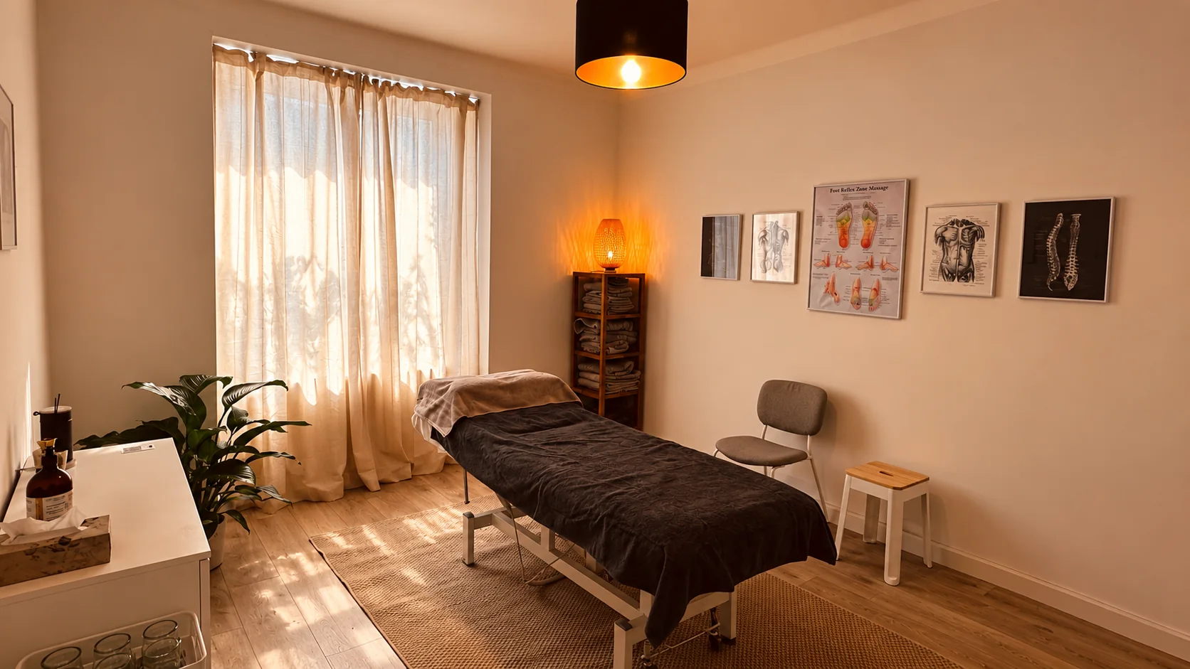 Cabinet Espace Shanti à Sion : table de massage, planches d'anatomie et de réflexologie plantaire